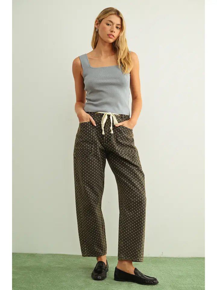 Polka Dot Printed Barrel Pants with Belt