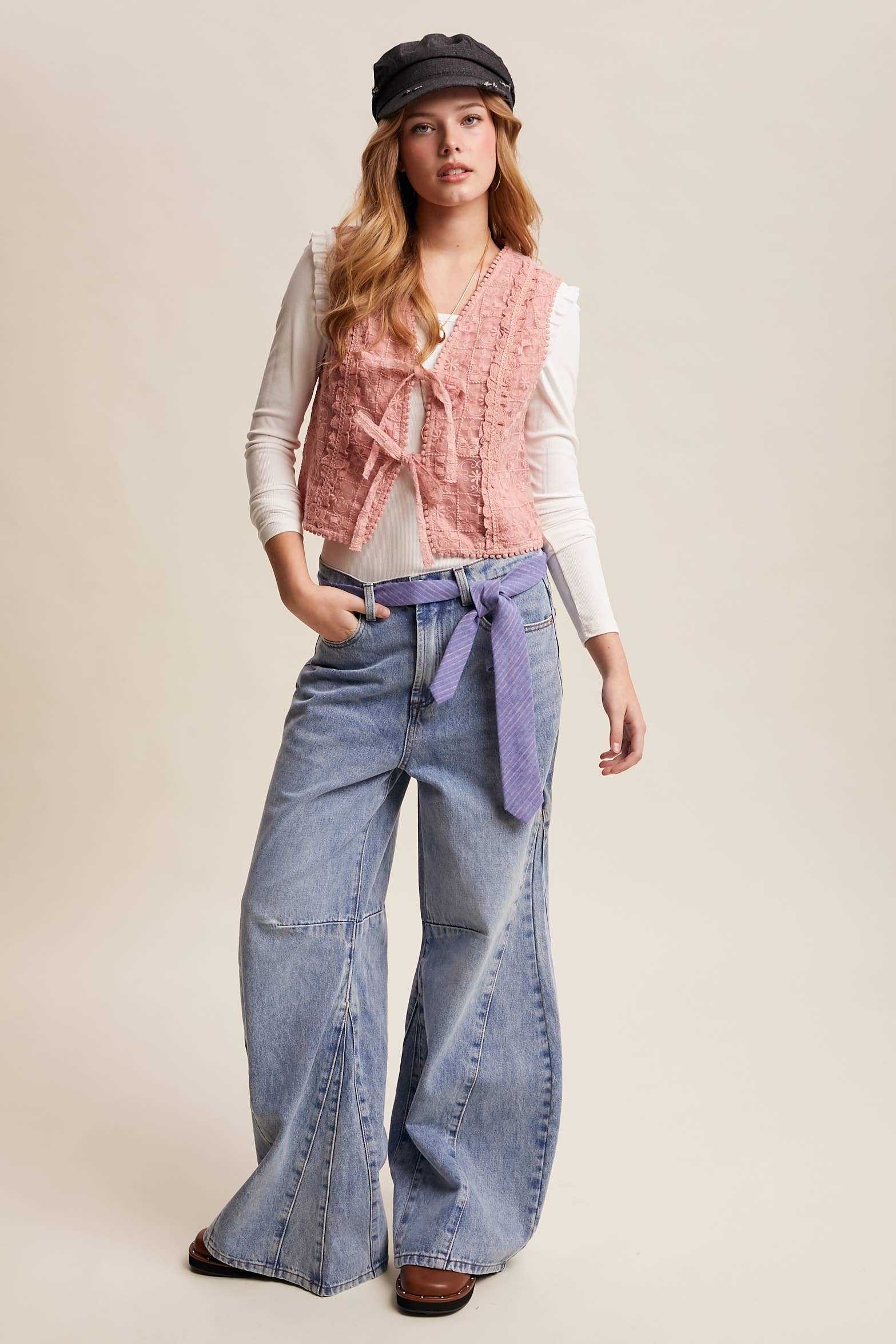 Embroidered Lace Tie-Front Vest