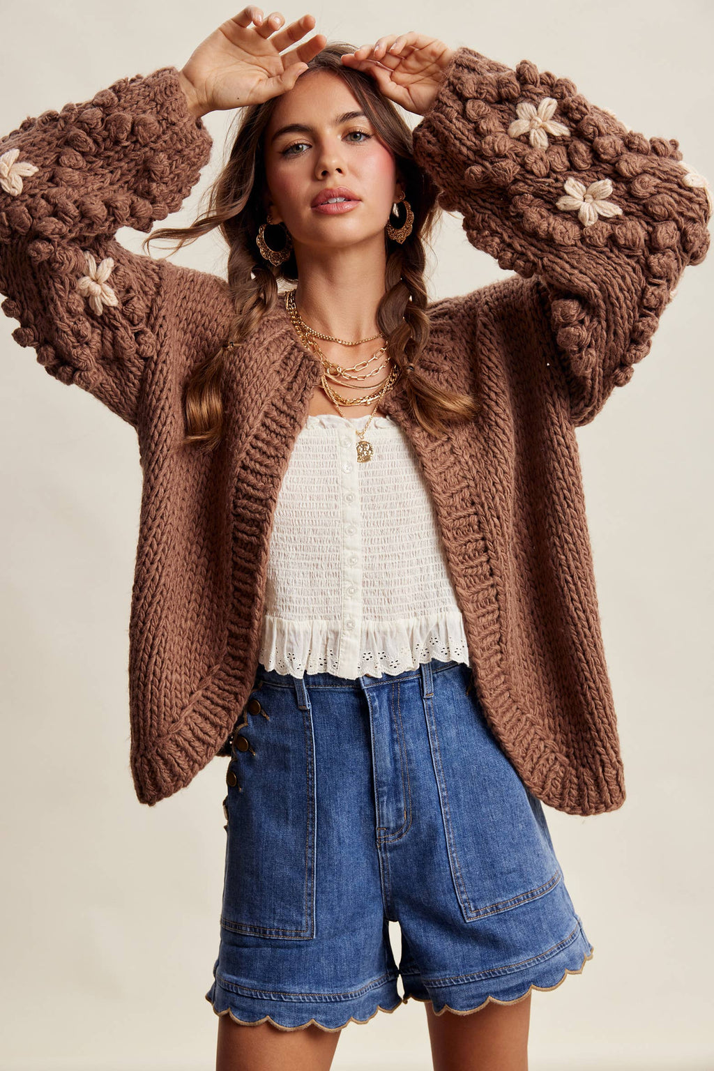 Hand Knit Floral Bobble Sleeve Cardigan