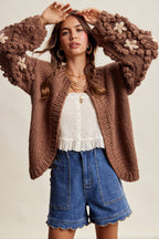 Hand Knit Floral Bobble Sleeve Cardigan