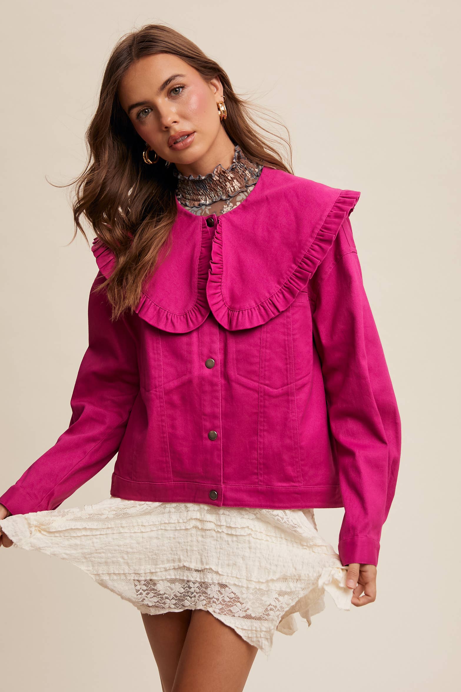 Ruffled Collar Denim Jacket
