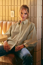 FRENCH CAFE MIXED STRIPE BATWING BUTTON-DOWN SHIRT