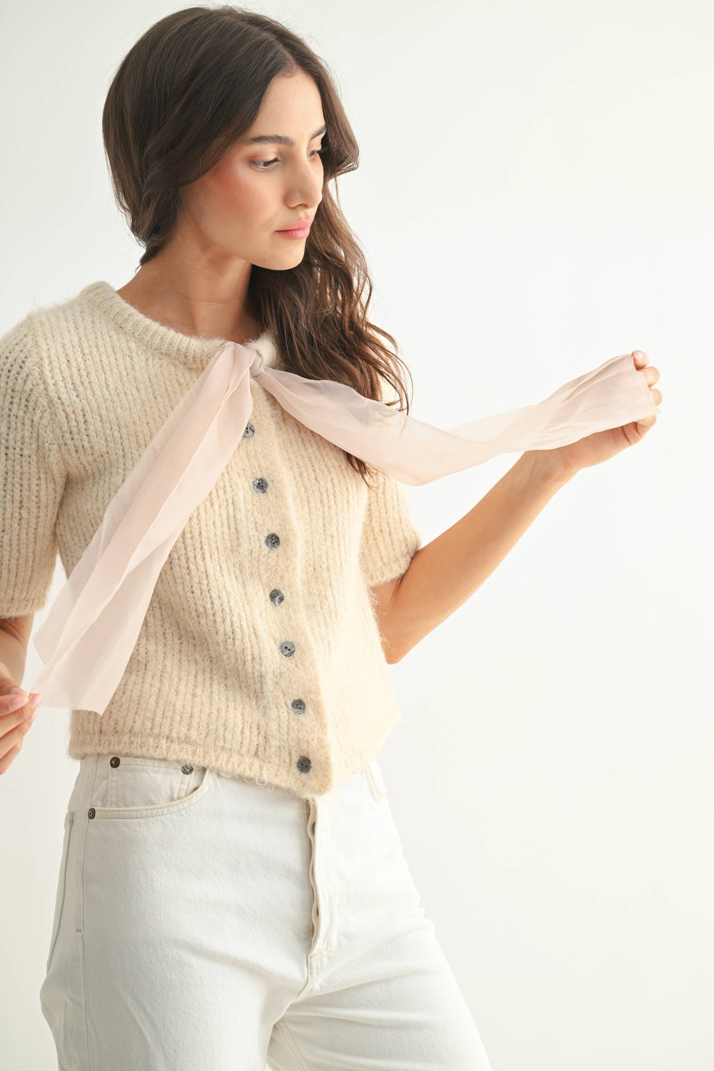 Knit Cardigan with Chiffon Bow