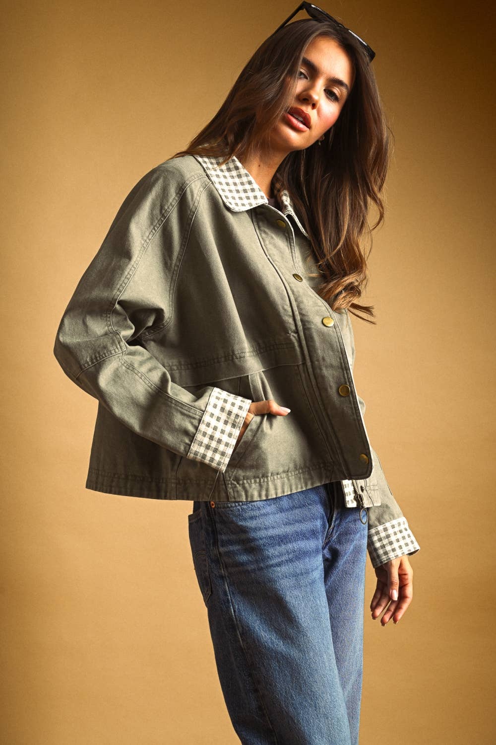 GINGHAM COLLARED TWILL JACKET