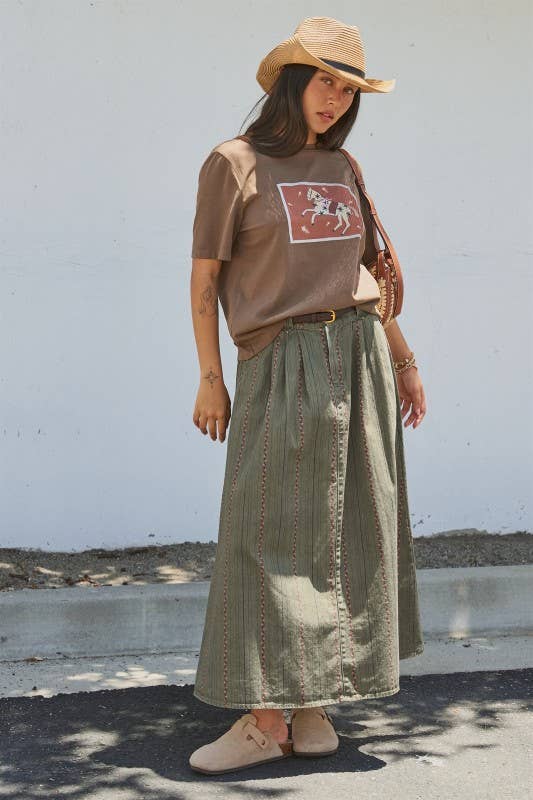 Embroidered Cotton Twill Belted Midi Skirt