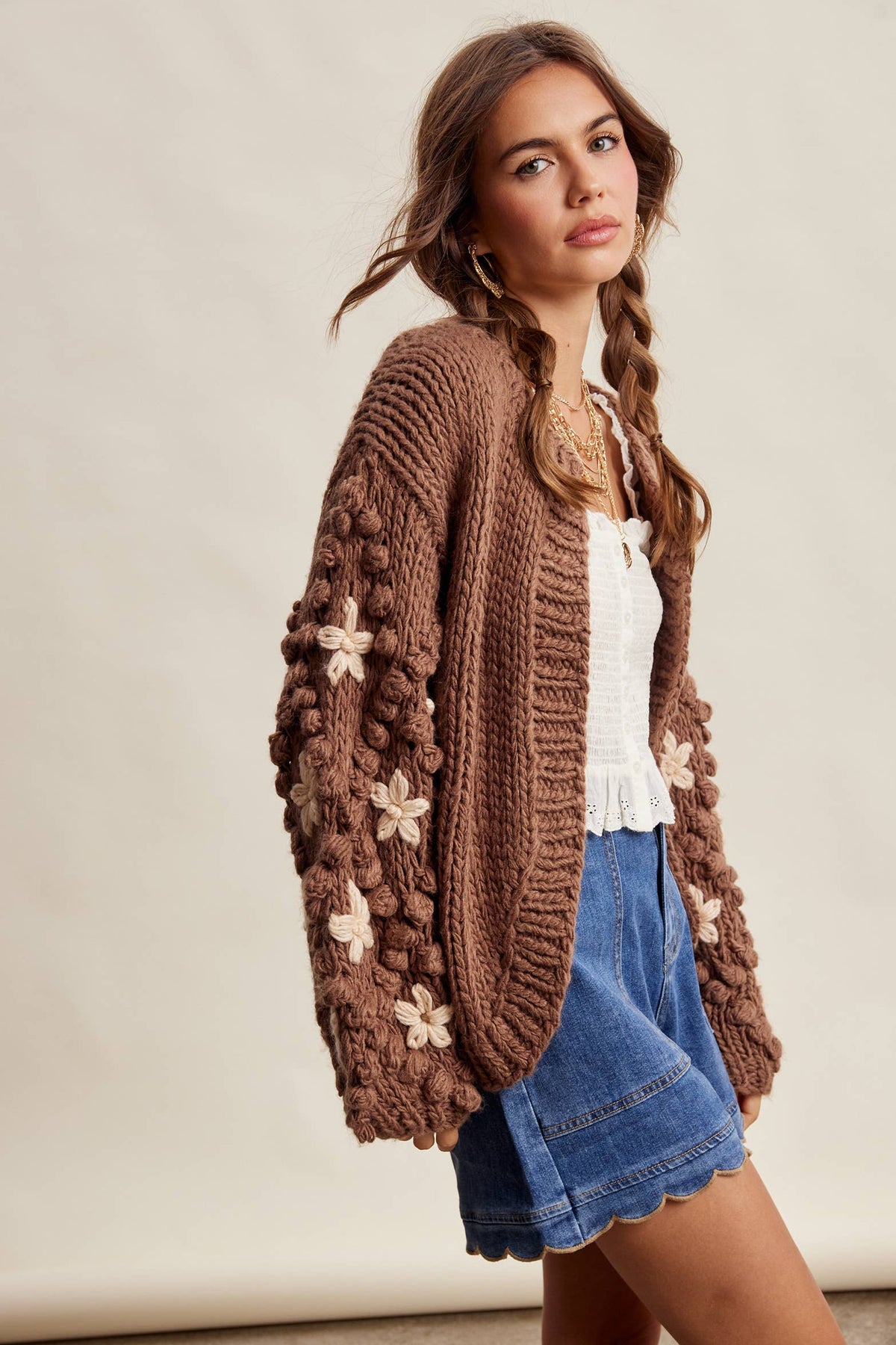Hand Knit Floral Bobble Sleeve Cardigan