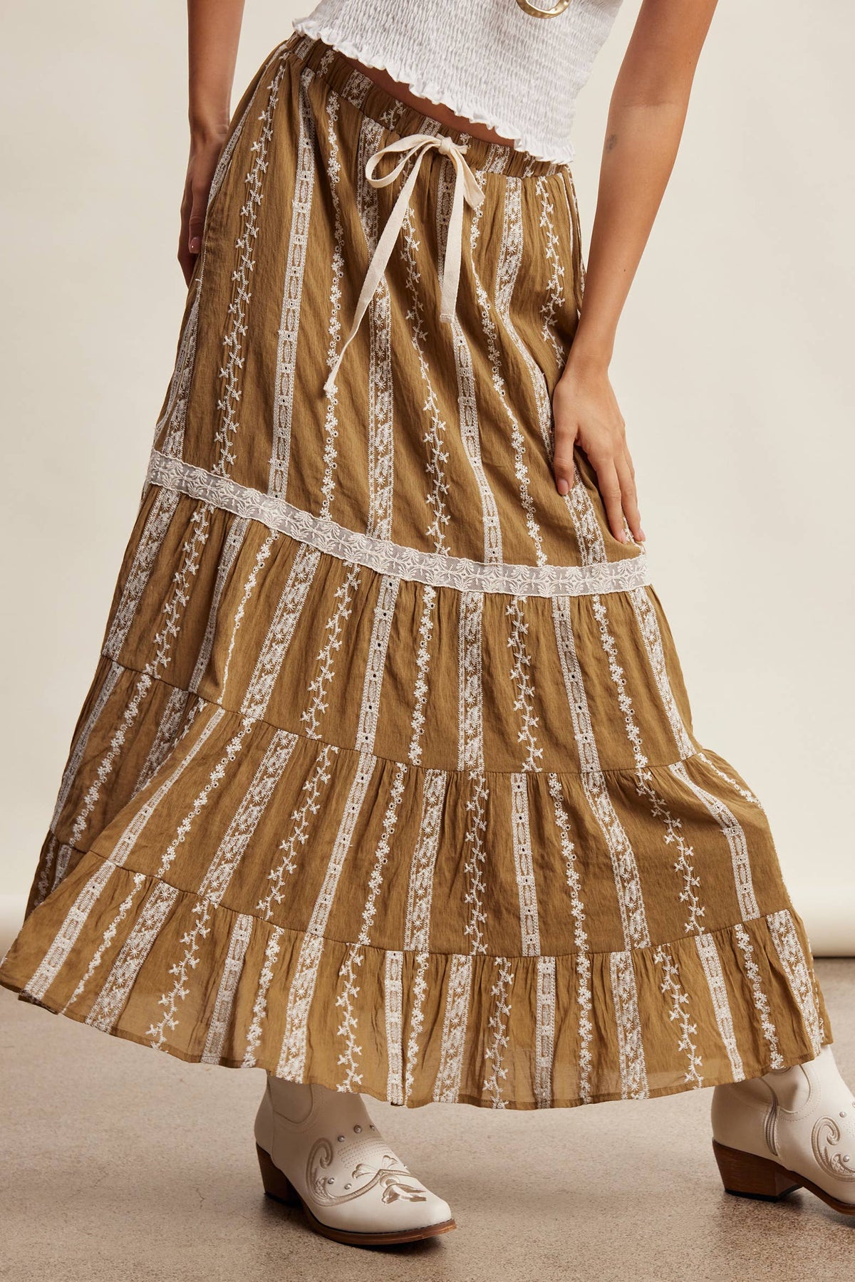 Embroidered Tiered Maxi Skirt