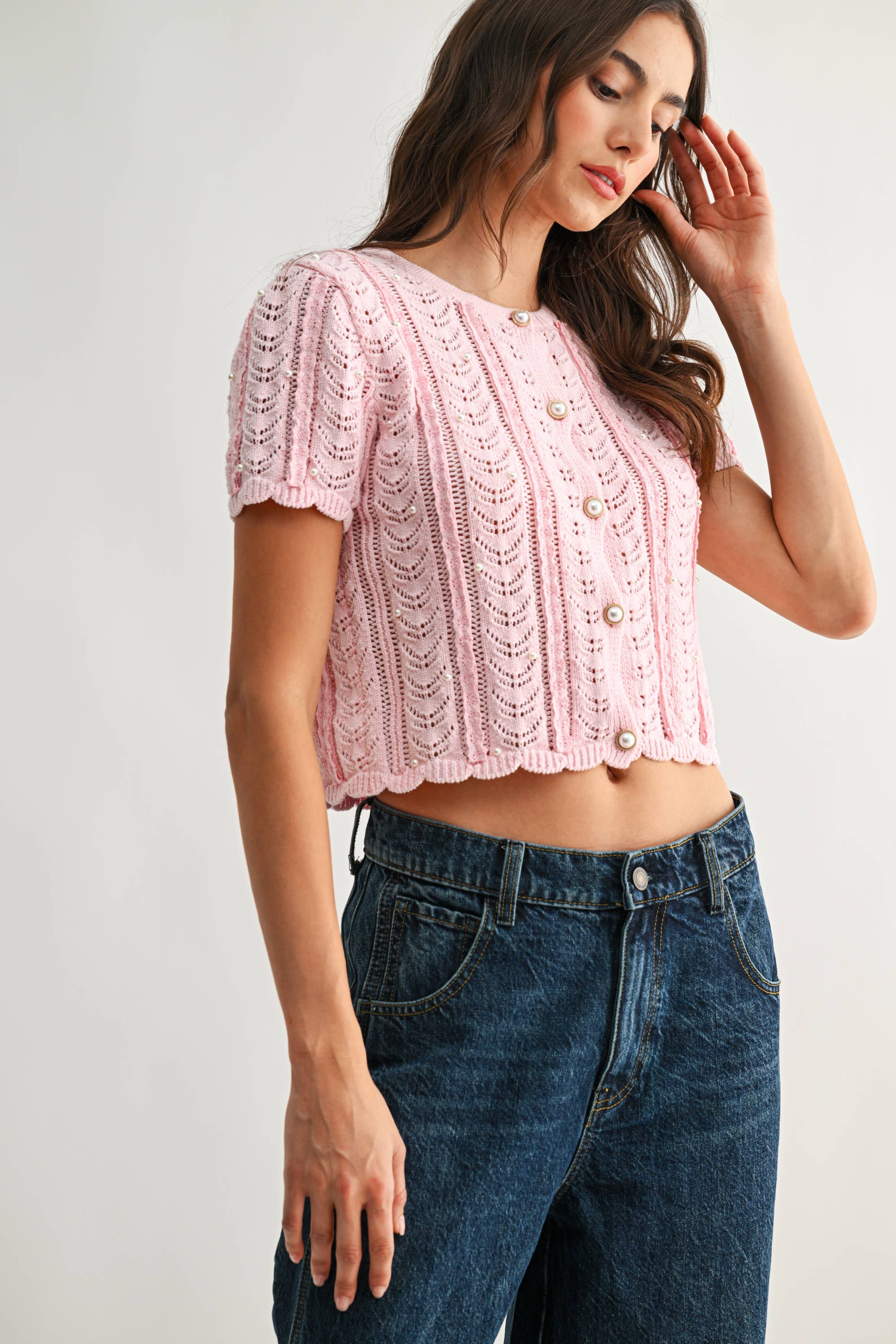 Lace Knit Pearl Button Cardigan