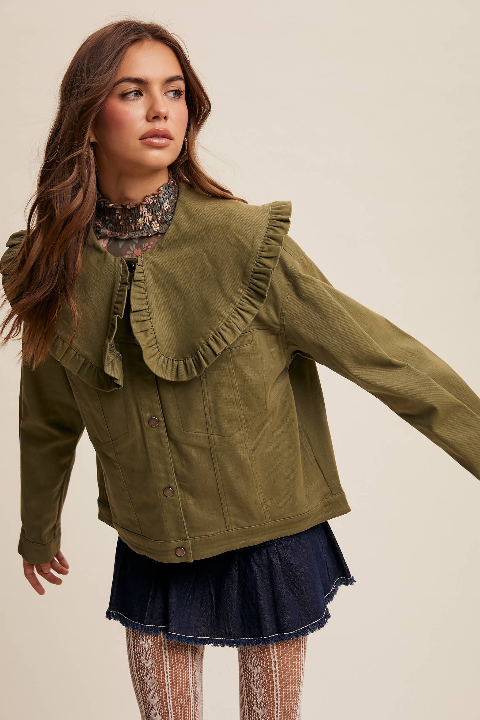 Ruffled Collar Denim Jacket