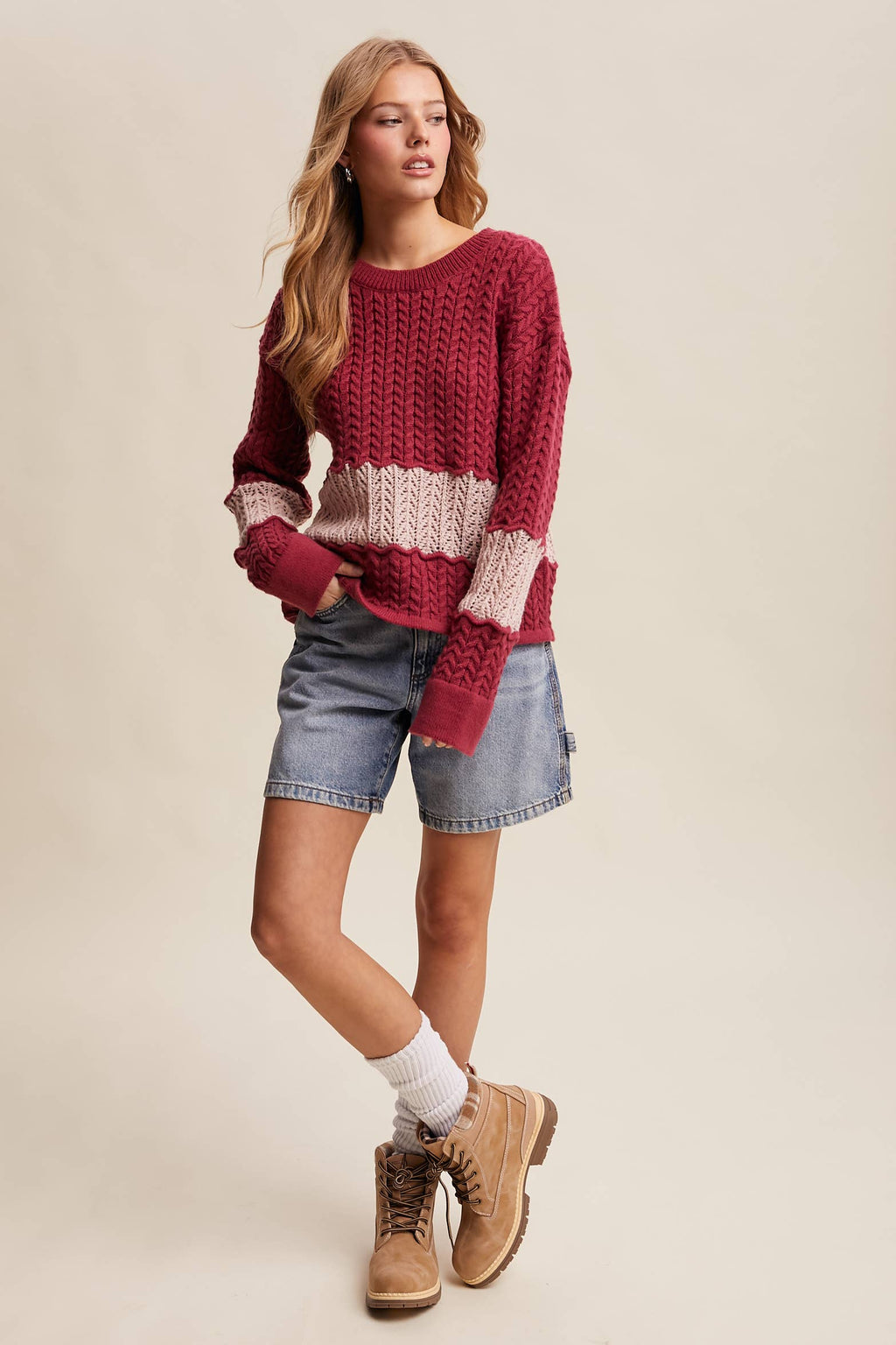 Colorblock Cable Knit Sweater