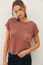 PATCH POCKET DOLMAN CAP SLEEVE BOXY KNIT