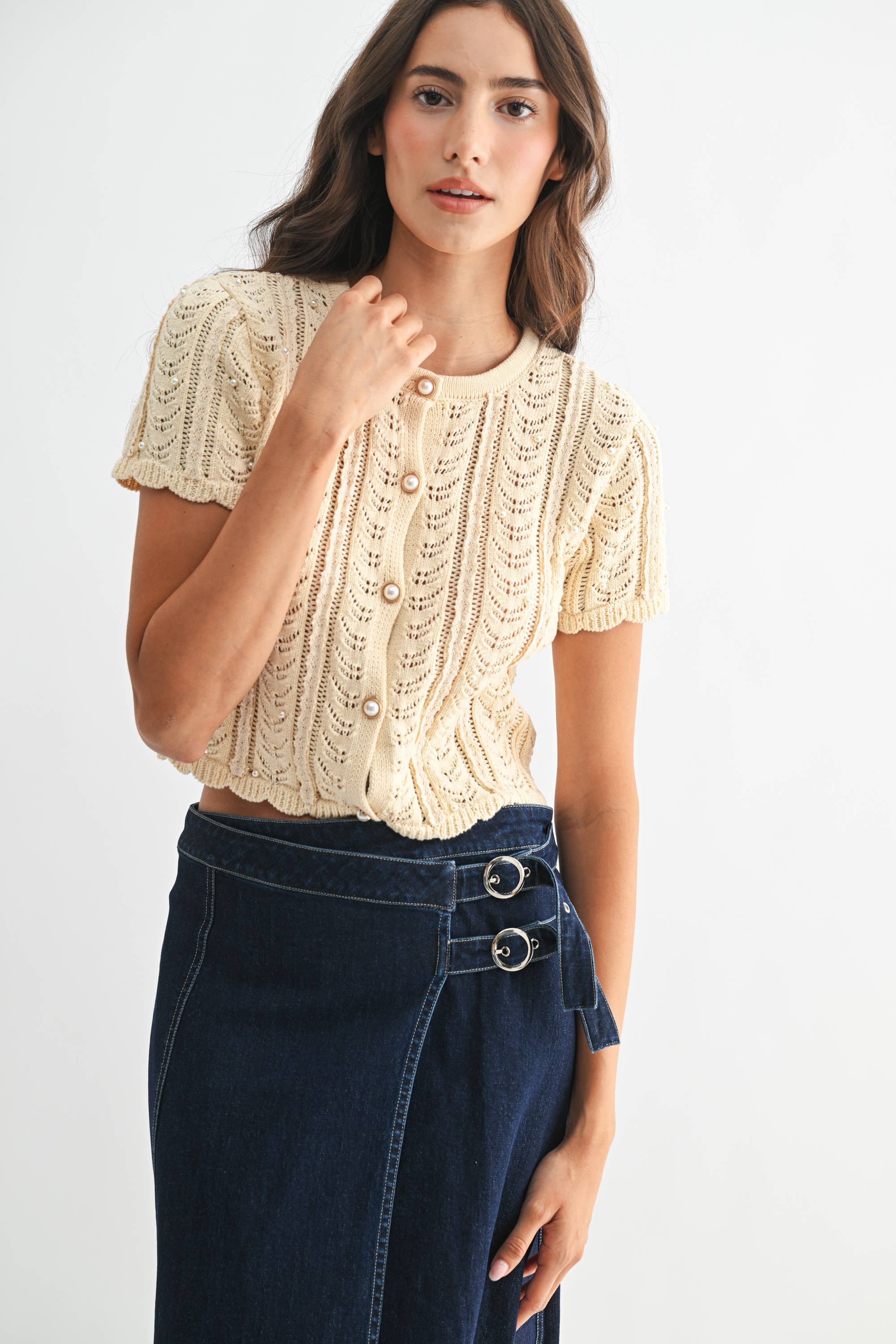 Lace Knit Pearl Button Cardigan