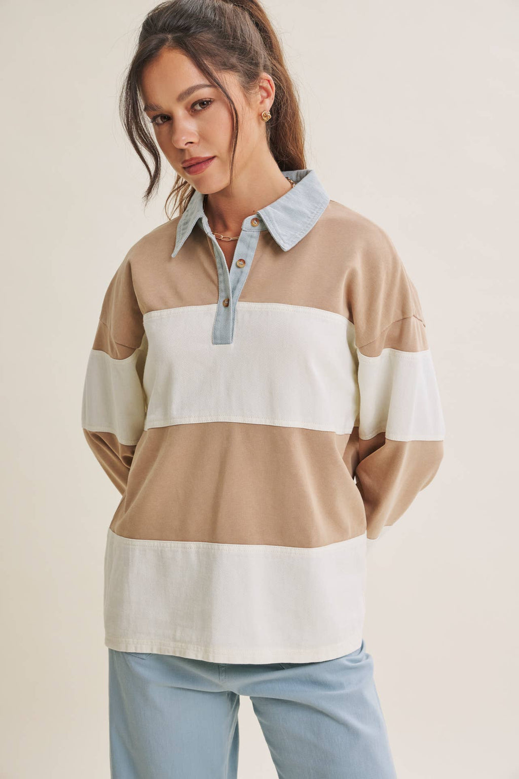 HERITAGE WEEKEND MINERAL-WASHED TWILL TERRY MIXED RUGBY TOP