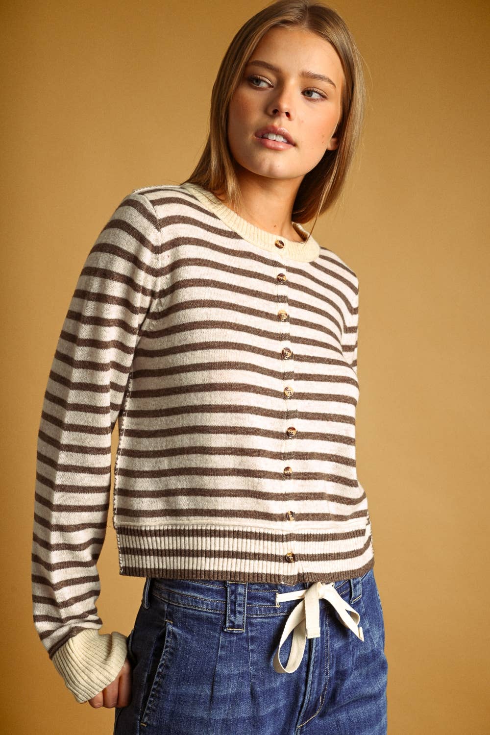 STRIPED PATTERN BUTTON FRONT CARDIGAN