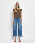 HIGH RISE MEDIUM WASH CUFFED WIDE JEANS