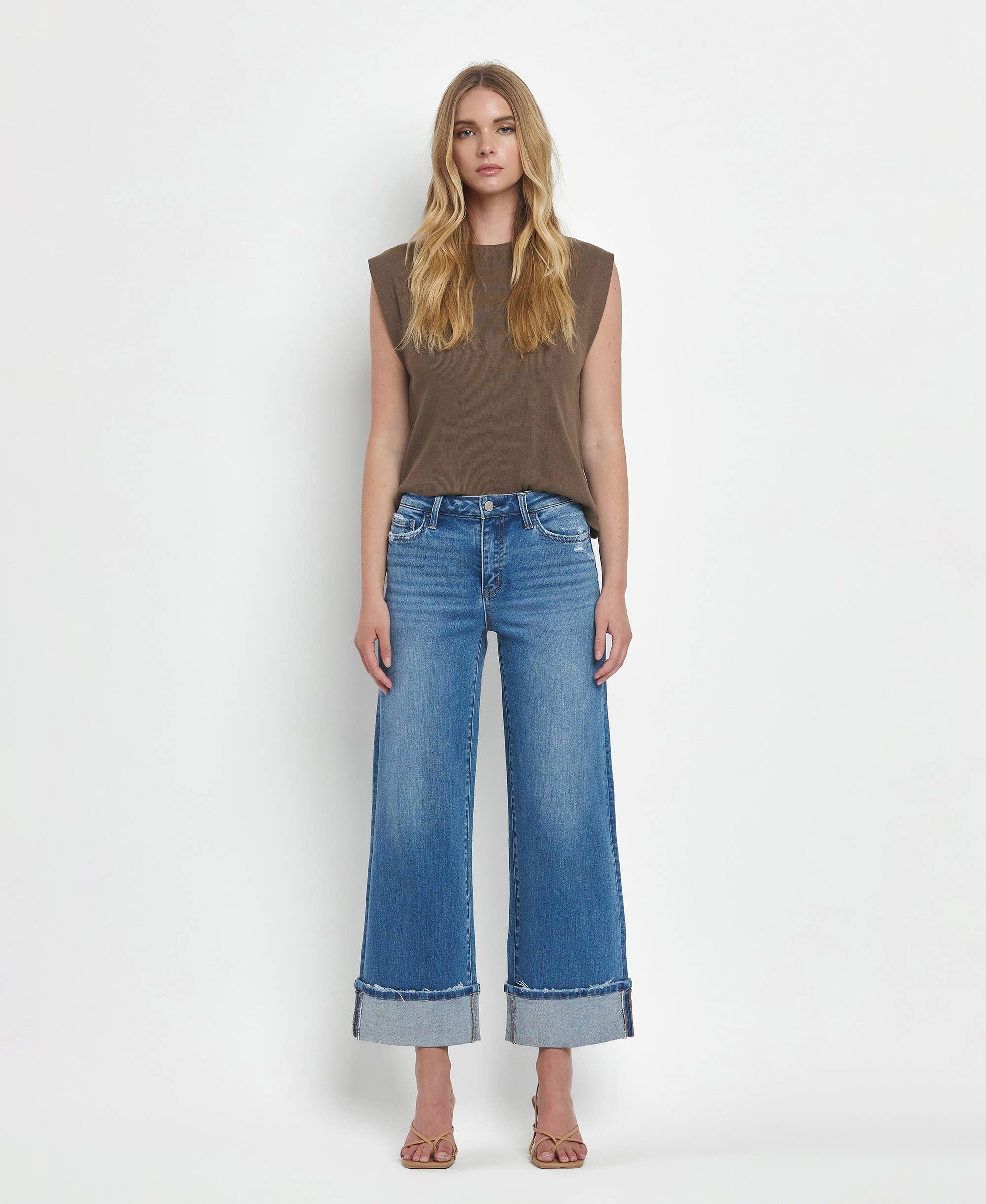 HIGH RISE MEDIUM WASH CUFFED WIDE JEANS