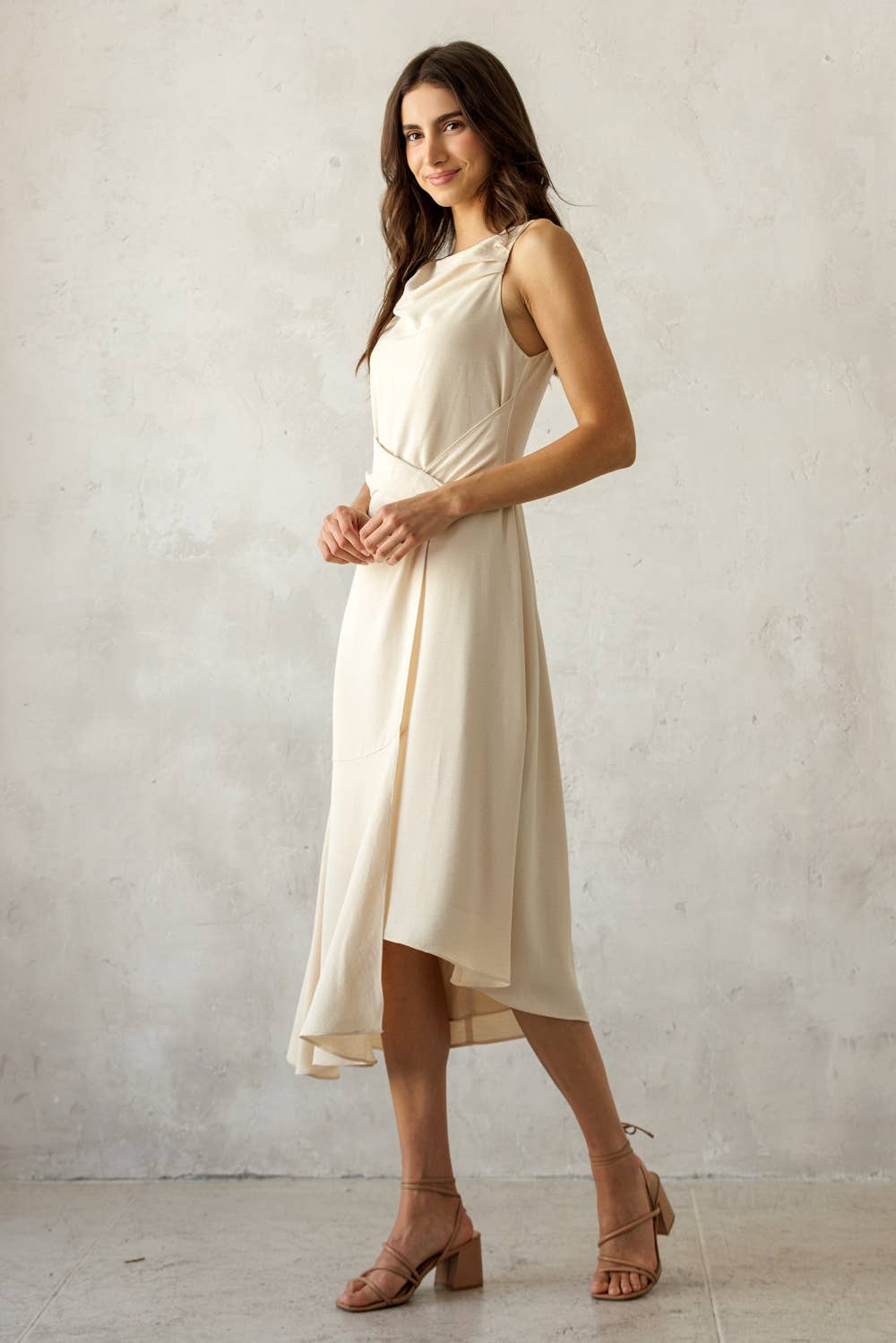 ASYMMETRICAL WRAP-STYLE MIDI DRESS