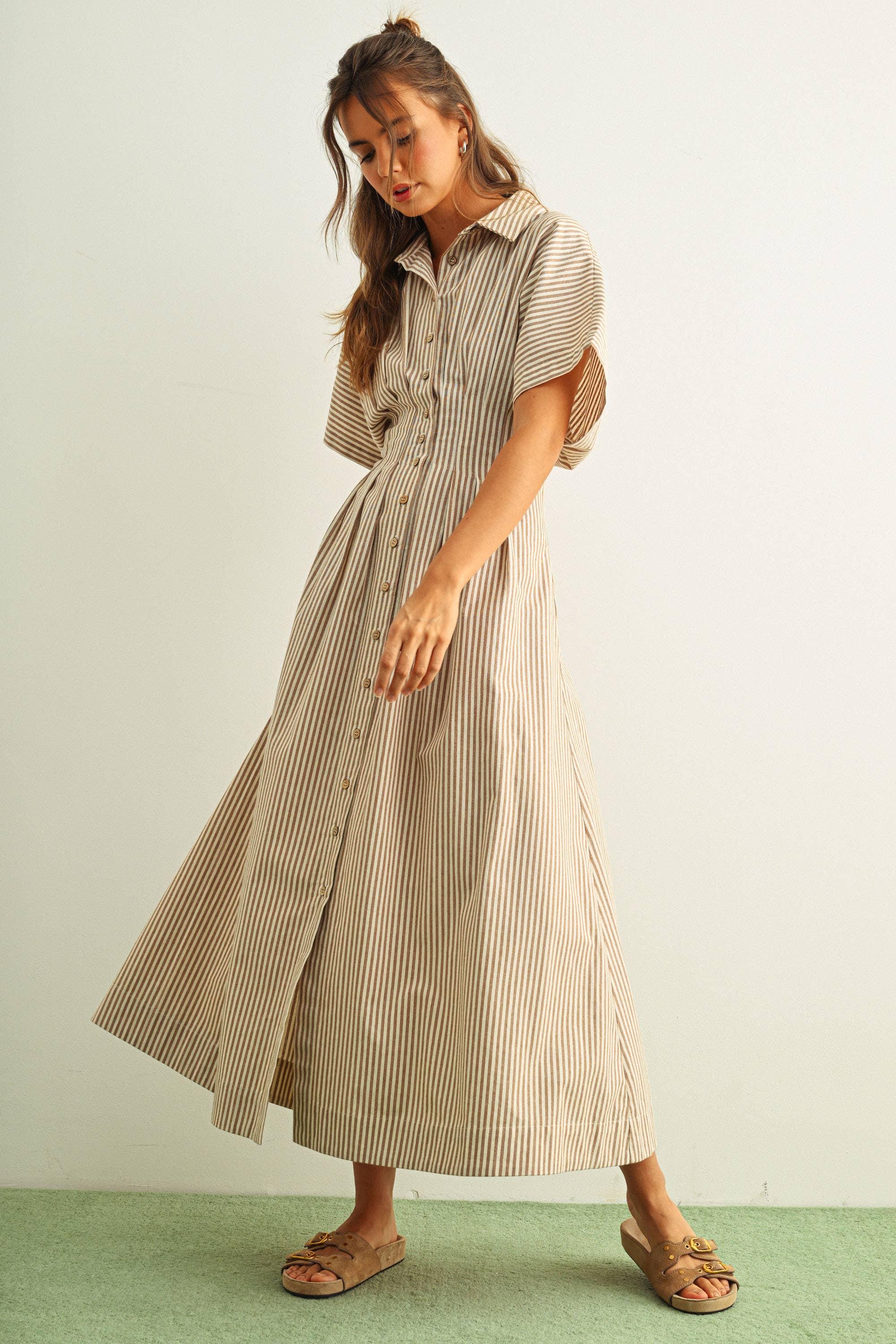 Striped Button Down Shirt Dress Brown Stripe / M