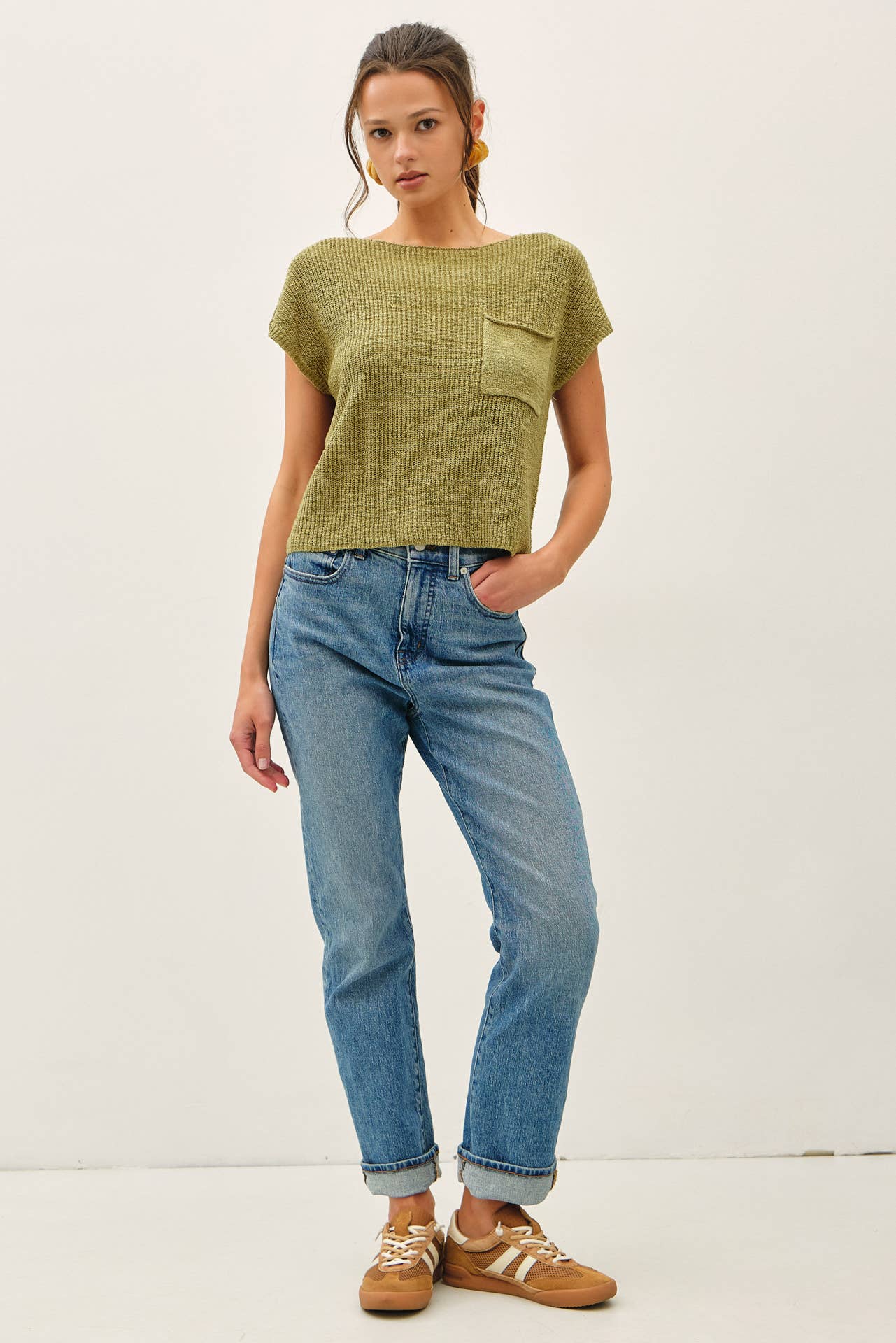 PATCH POCKET DOLMAN CAP SLEEVE BOXY KNIT