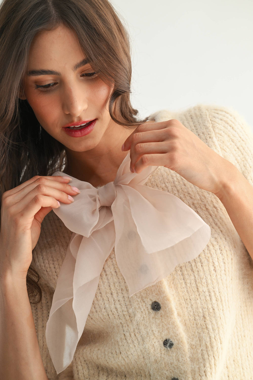 Knit Cardigan with Chiffon Bow