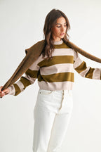 TAUPE AND OLIVE BOLD STRIPE SWATER