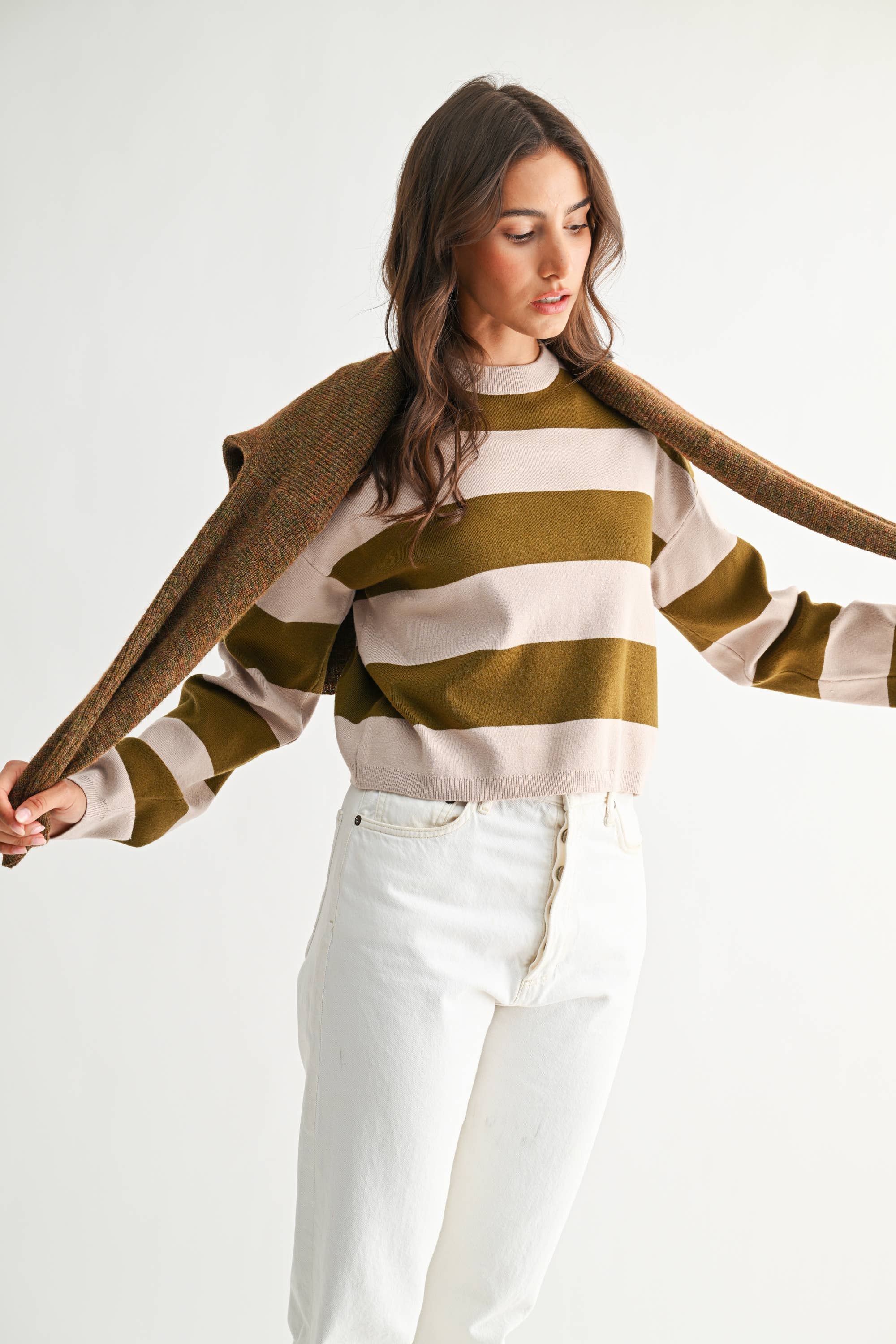 TAUPE AND OLIVE BOLD STRIPE SWATER