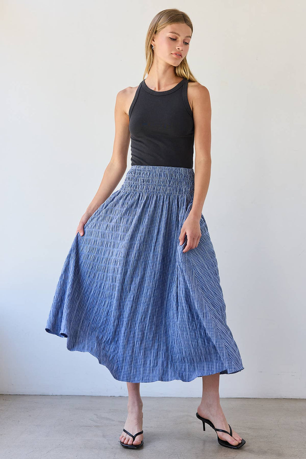 Smocked Waist Check Midi Skirt