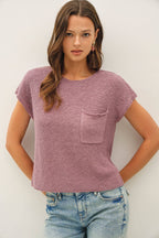 PATCH POCKET DOLMAN CAP SLEEVE BOXY KNIT
