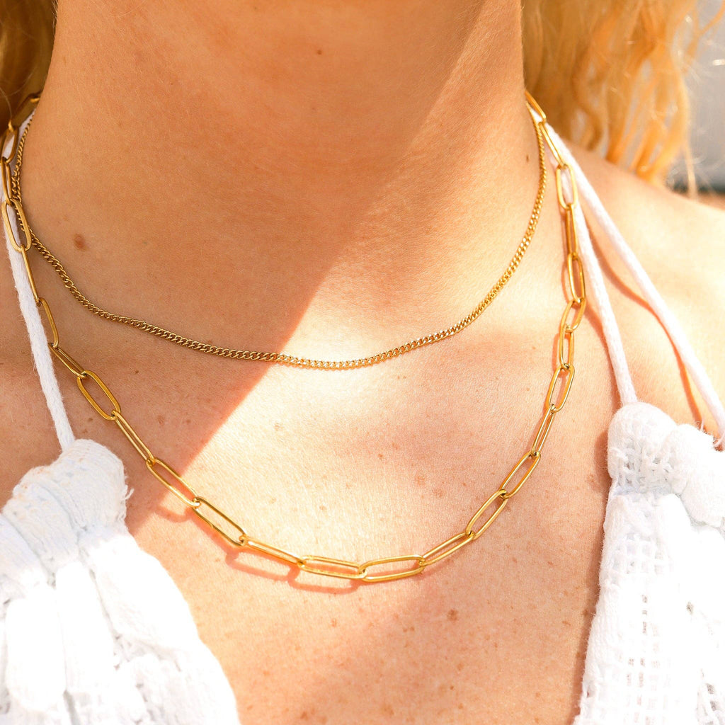 18K Gold Paperclip Layered Chain Necklace