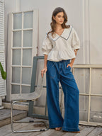 EMBORDIERED BIG COLLAR WRAP RUFFLE TOP