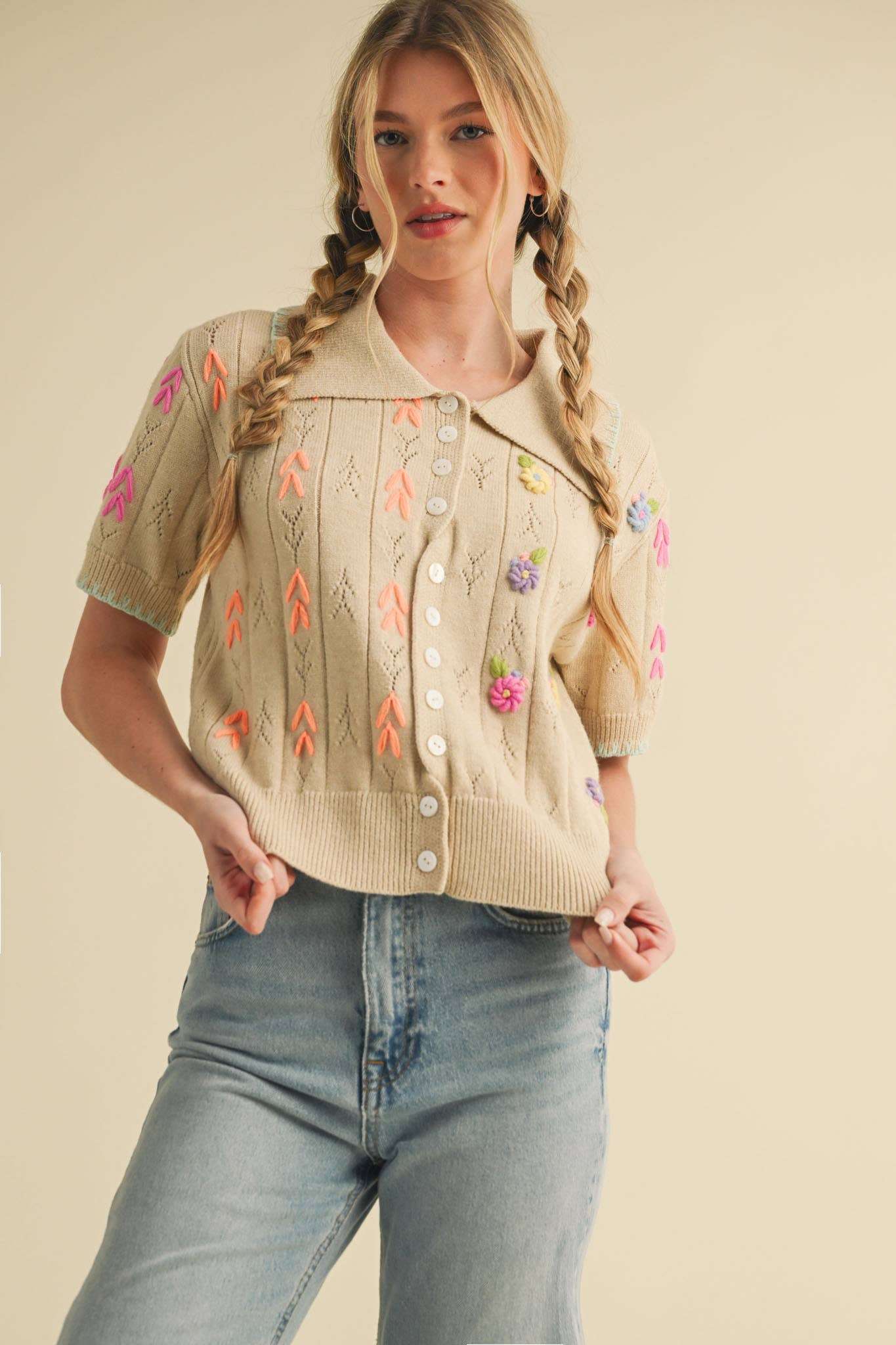 Hand Embroidered Button Down Sweater