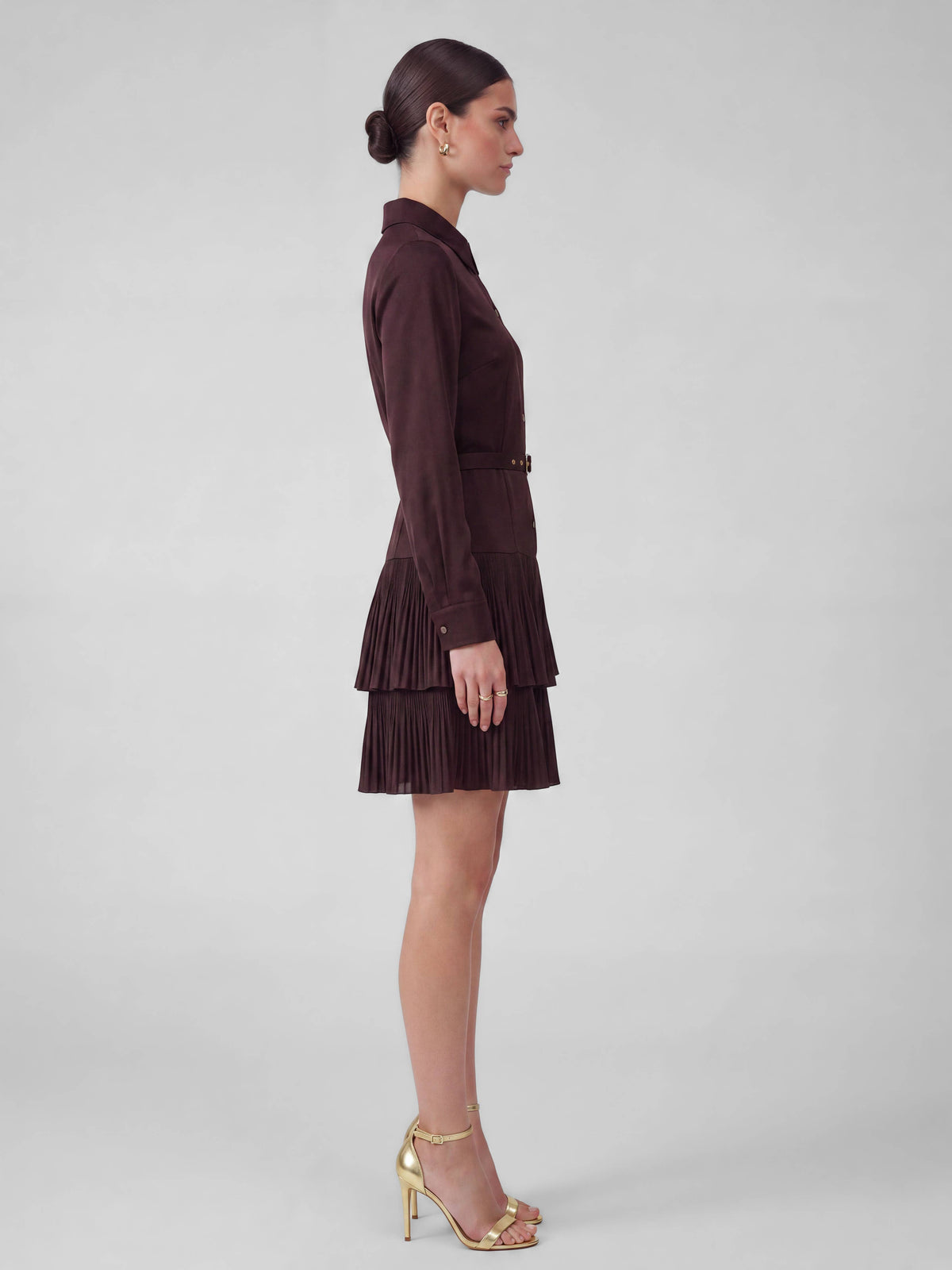 Belted Tiered Pleated Mini Shirt Dress