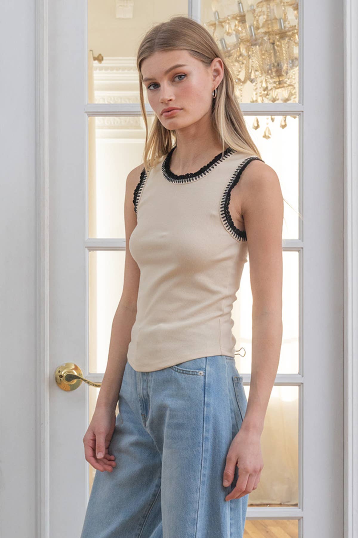 Contrast Crochet-Trim Rib Tank Top
