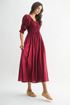 Smocked Midi Dress with Pleated Skirt