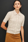WOOL BLENDED POINTELLE POLO CARDIGAN