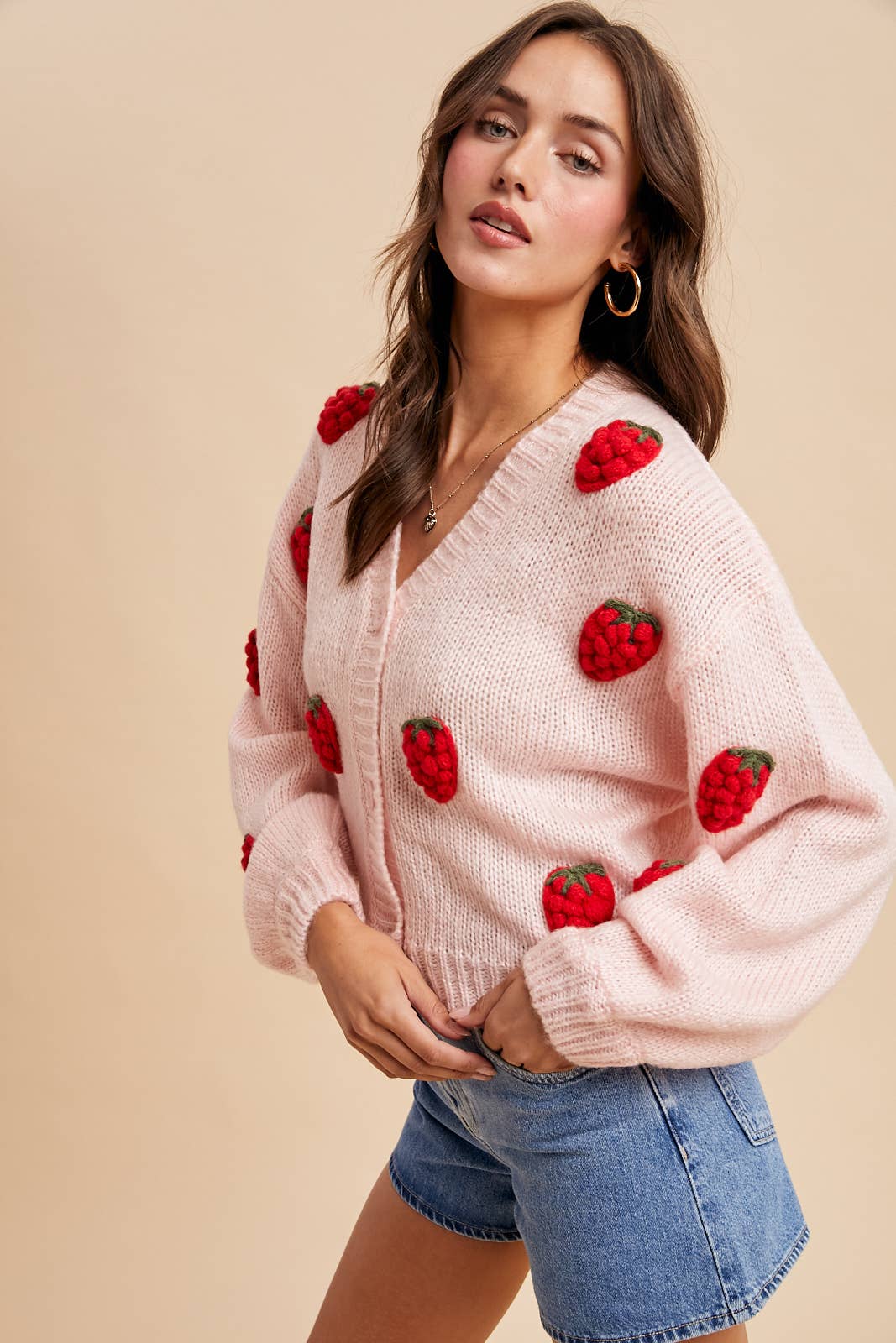 Knitted 3D Strawberry Cardigan