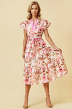 FLORAL PRINT BUBBLE SHORT SLEEVE TIERED MIDI DRESS