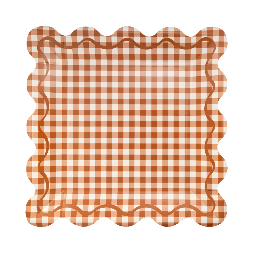GBL1343 - Rust Gingham Scalloped Square Paper Plates