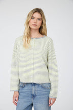 STRIPE RAW EDGE DROP SHOULDER KNIT CARDIGAN