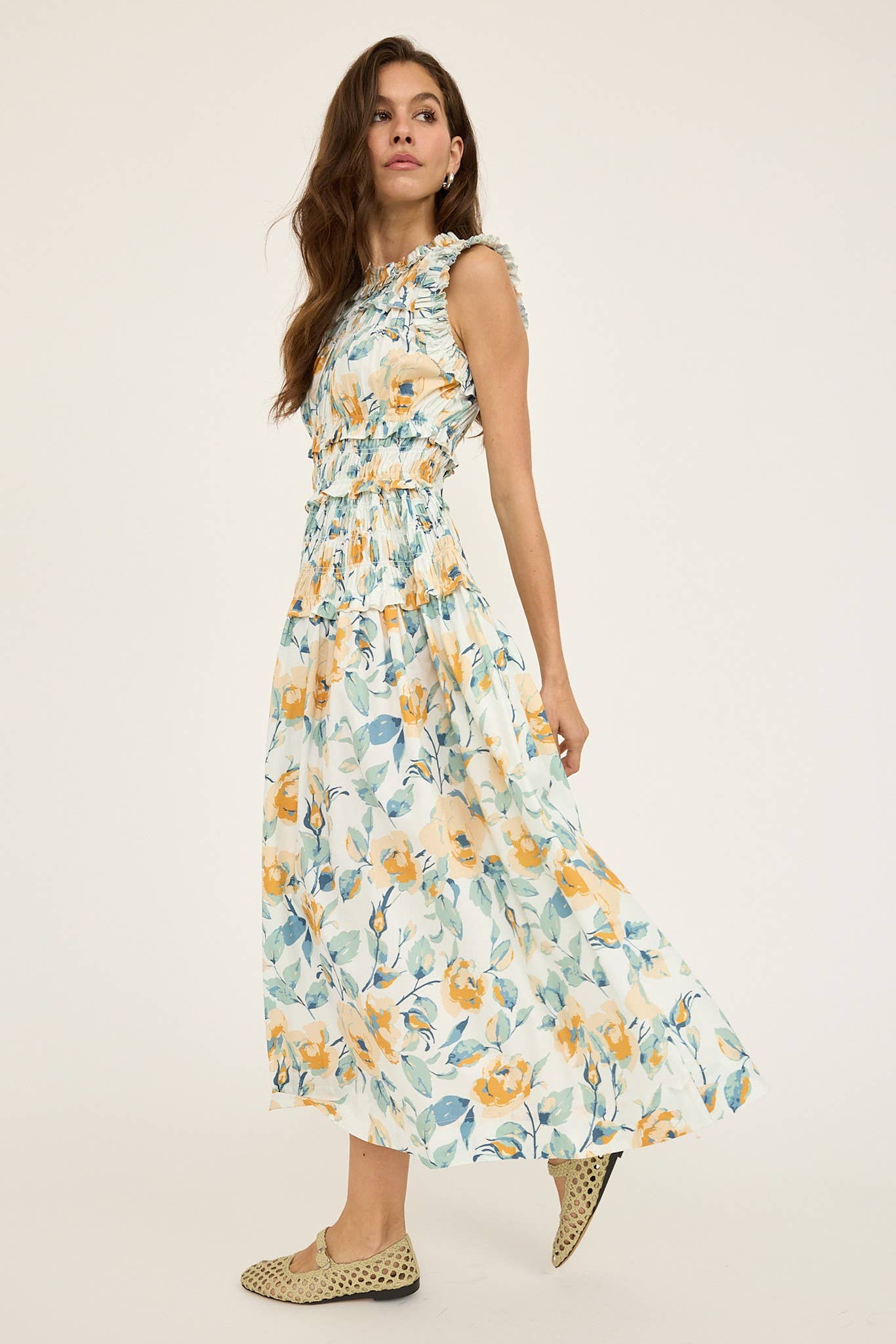 Flower Print Smocking Sleeveless Dress