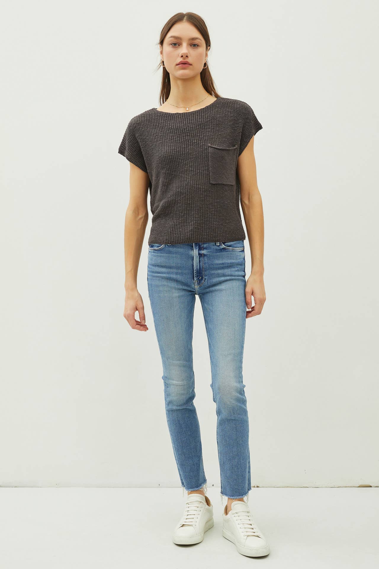 PATCH POCKET DOLMAN CAP SLEEVE BOXY KNIT