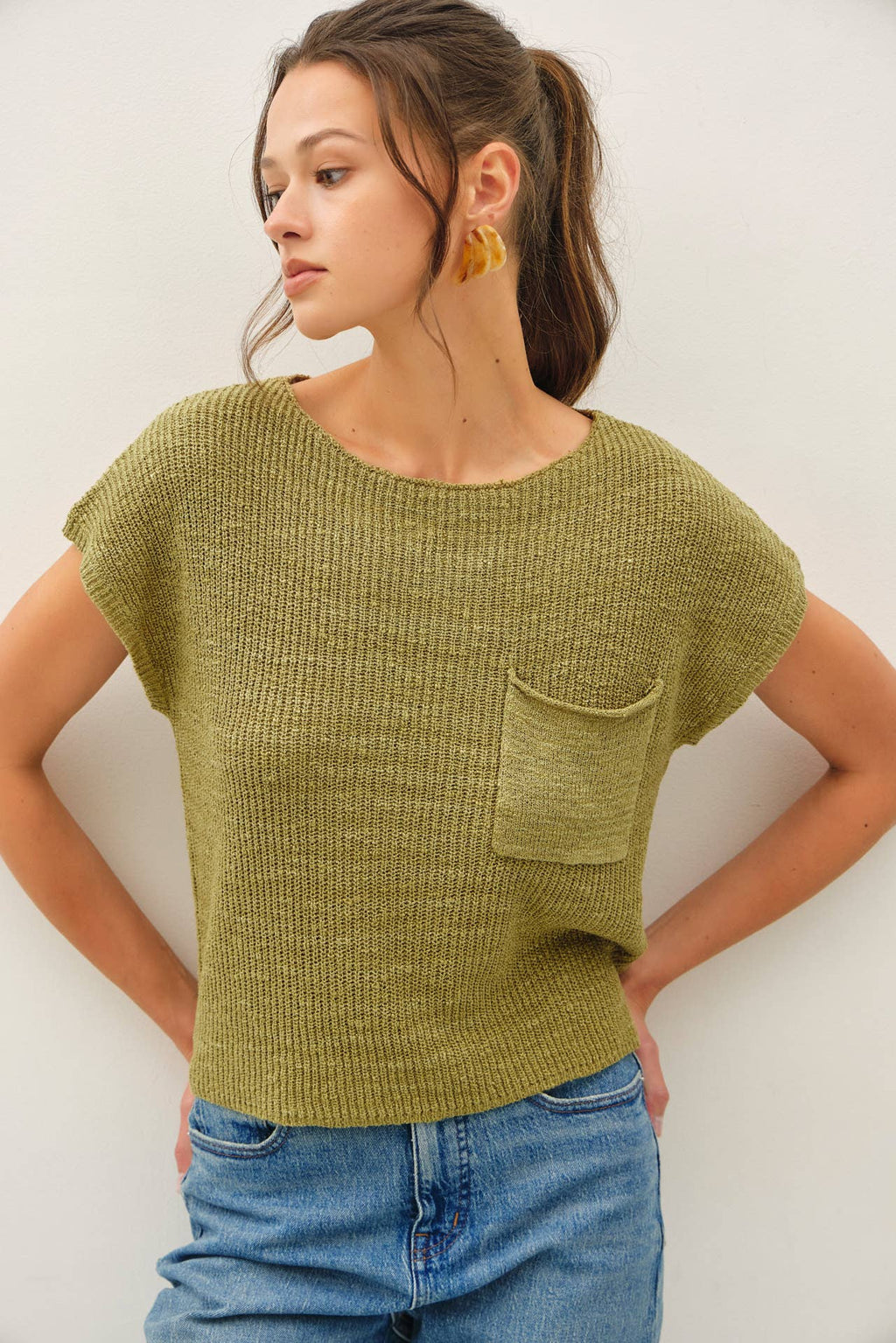 PATCH POCKET DOLMAN CAP SLEEVE BOXY KNIT