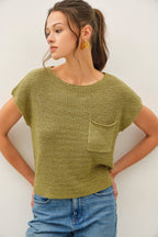 PATCH POCKET DOLMAN CAP SLEEVE BOXY KNIT