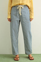 STRIPE PRINTED BARREL PANTS WITH COTTON TAPE BELT