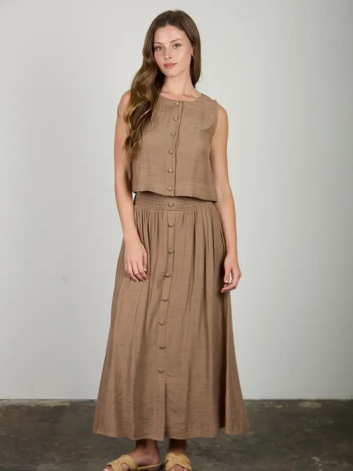 Smocked Waist Ruffle Button Down Skirt