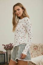 FLORAL SNAP FRONT LONG SLEEVE WAFFLE KNIT TOP