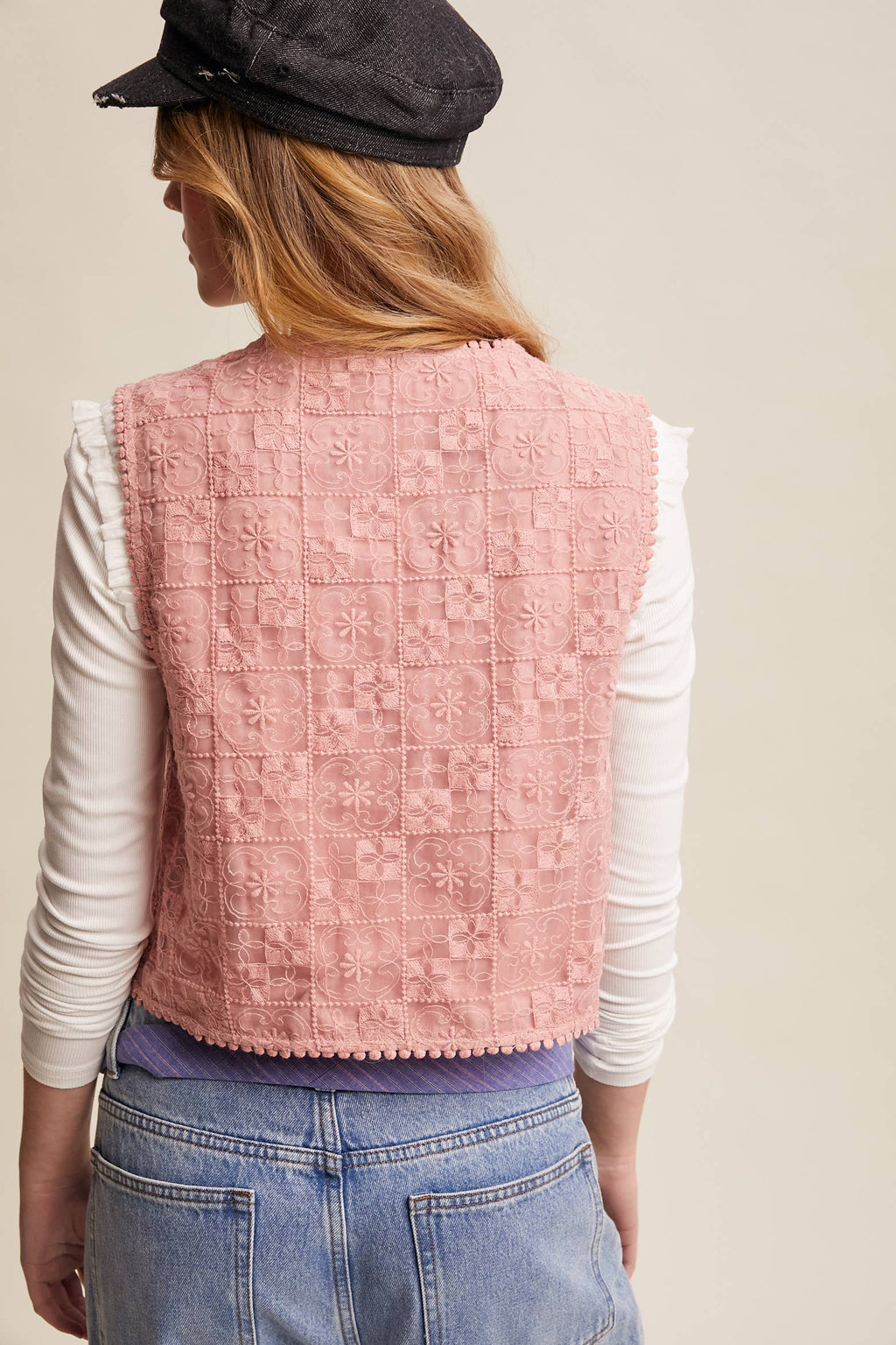 Embroidered Lace Tie-Front Vest