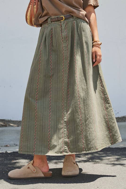 Embroidered Cotton Twill Belted Midi Skirt