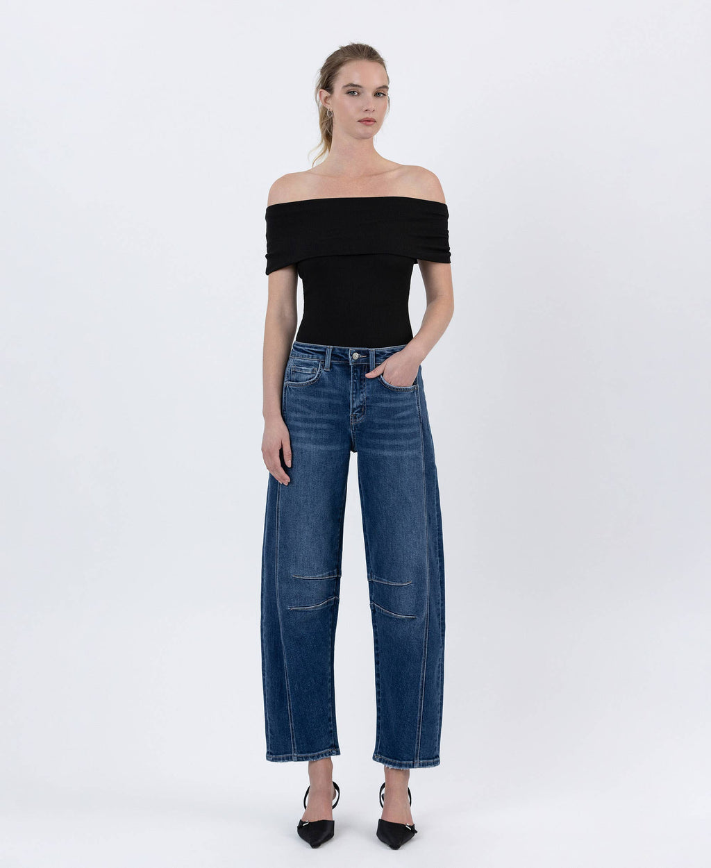 HIGH RISE DARK WASH BARREL LEG JEANS