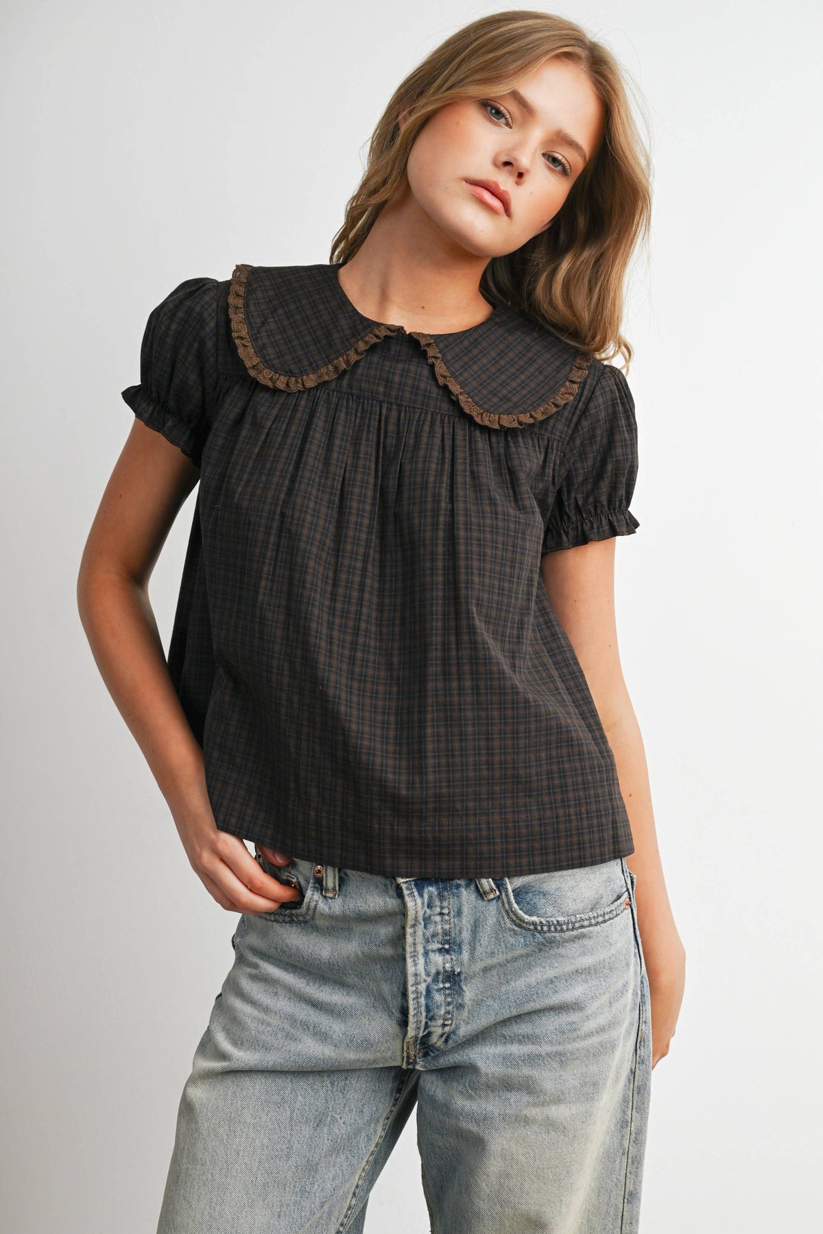 Plaid Peter Pan Collar Puff Sleeve Blouse